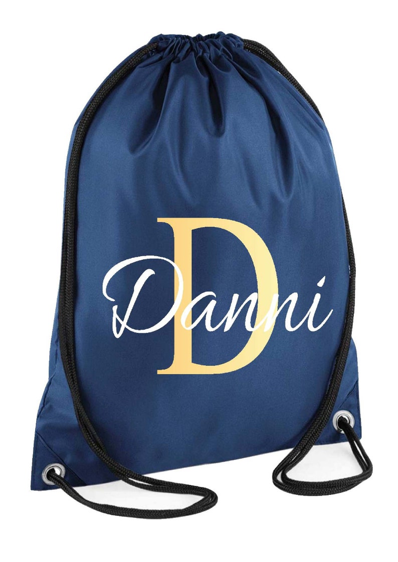 drawstring waterproof bag in navy colour with a gold monogram letter and script name