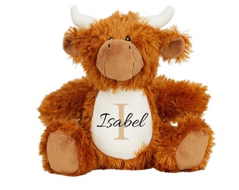 Personalised Highland Cow Initial & Name Teddy, Soft Plushy, Personalised gift, Customisable Teddy, Highland Cow Soft Toy, Birthday New Baby