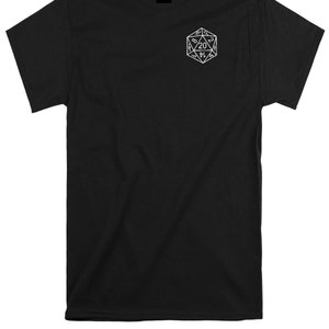 May include: A black short-sleeve t-shirt featuring a white line art graphic of a twenty-sided die on the upper left chest. The die displays the number 20 at the top, with other visible numbers including 2, 8, 14, and 6 within its triangular faces.