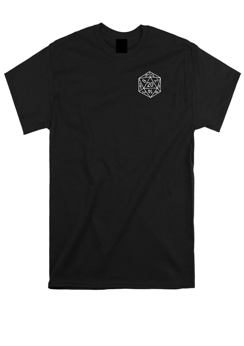 May include: A black short-sleeve t-shirt featuring a white line art graphic of a twenty-sided die on the upper left chest. The die displays the number 20 at the top, with other visible numbers including 2, 8, 14, and 6 within its triangular faces.