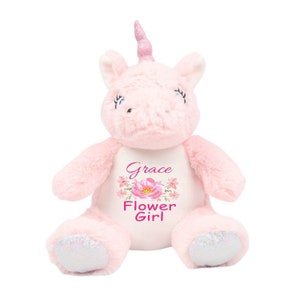 Flor personalizada niña unicornio flor niña propuesta, gracias flor niña recuerdo, regalo de dama de honor, oso de peluche para niños, unicornio
