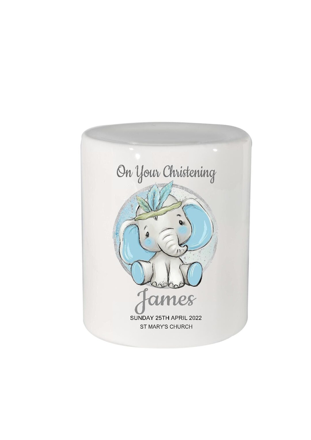 Personalised Cute Elephant Christening Money Box, Baby Boy, Custom