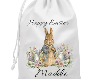 Personalized Easter Bag: Watercolor Bunny, Custom Name Gift Sack