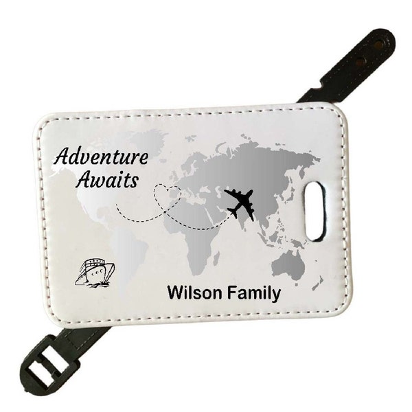 Personalised Luggage Tag, PU Leather and Silver Glitter Suitcase Tag Label for Travel, Baggage Tag, Silver Grey World Map Luggage Label,