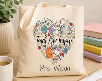 Personalised Teacher Tote Bag | Teach Love Inspire Gift | End of Term Teacher Gift | Custom Name Bag | Nursery Teacher Present UK