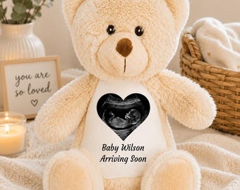 Personalised Baby Scan Teddy Bear, Pregnancy Announcement Gift, Custom Ultrasound Teddy, Baby Reveal Gift, Scan Photo Bear, Baby Shower Gift