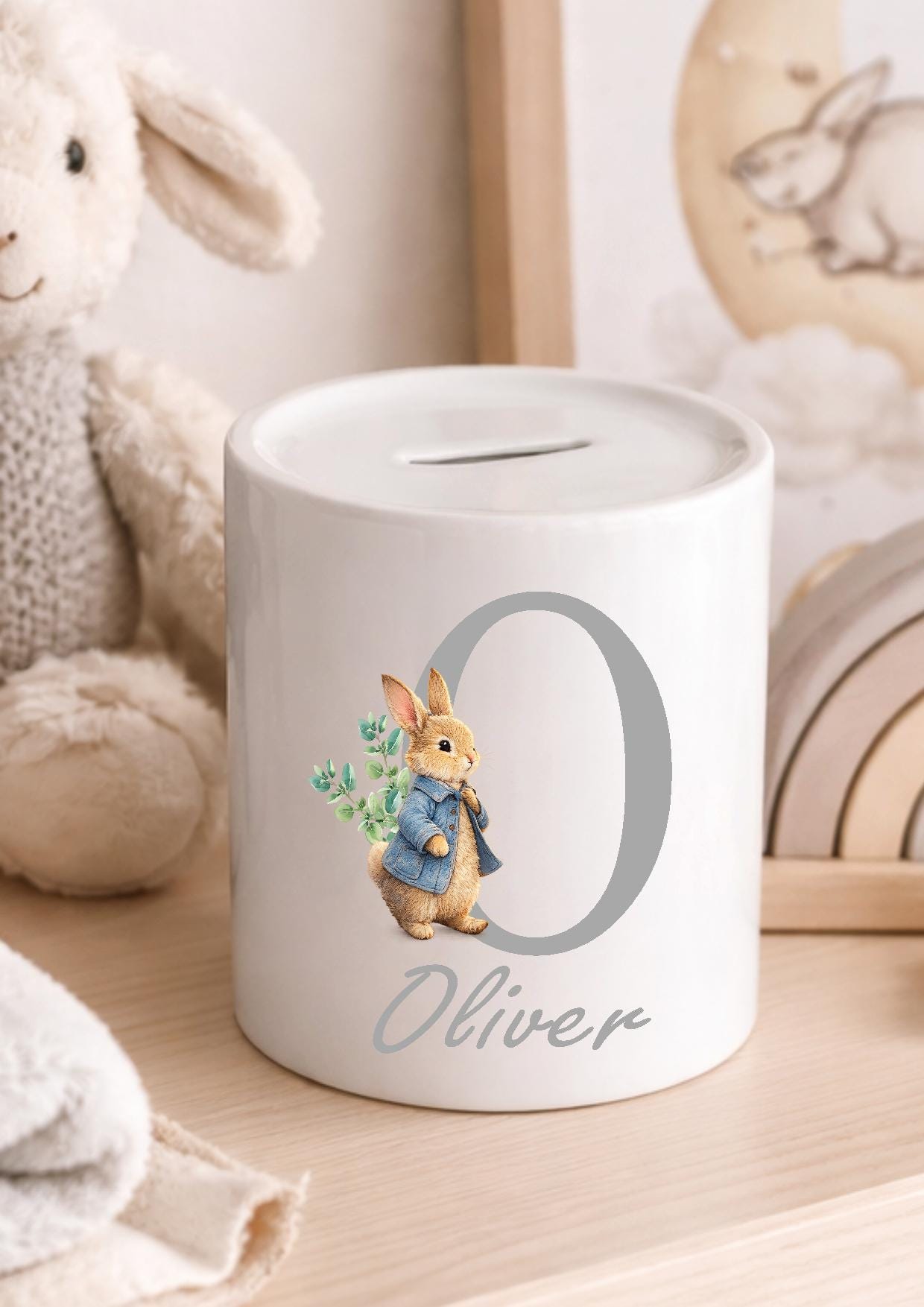 Sooty Rabbit Money Box Personalised Blue Bunny Rabbit Money Box, Custom Baby Name Piggy Bank ...