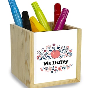 Personalised Wooden Teacher Pen Holder, Floral Apple Design, Custom Name Desk Organiser, Gift,Thank You Present, Teacher Desk Tidy, TA,SENCO