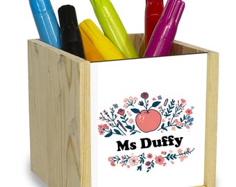 Personalized Wooden Teacher Pen Holder: Floral Apple Design Desk Organizer