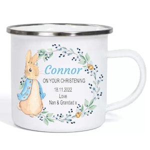 Personalised Christening Enamel Mug , Baby Boy, Custom Christening Gift, Present,Christening Keepsake,Baptism Present, Rabbit