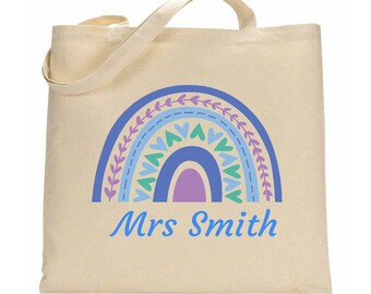 Sac de remerciement PERSONNALISÉ pour professeur, arc-en-ciel bleu, sac fourre-tout en coton cadeau scolaire