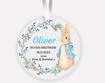 Personalized Christening Ornament: Baby Boy Rabbit Ceramic Keepsake