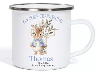 Personalized Christening Enamel Mug: Blue Bunny, Eucalyptus Design