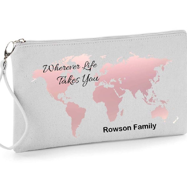 Personalised Family Passport Holder, Travel Documents Wristlet Pouch, 100% brushed Cotton, Rose Gold & Grey