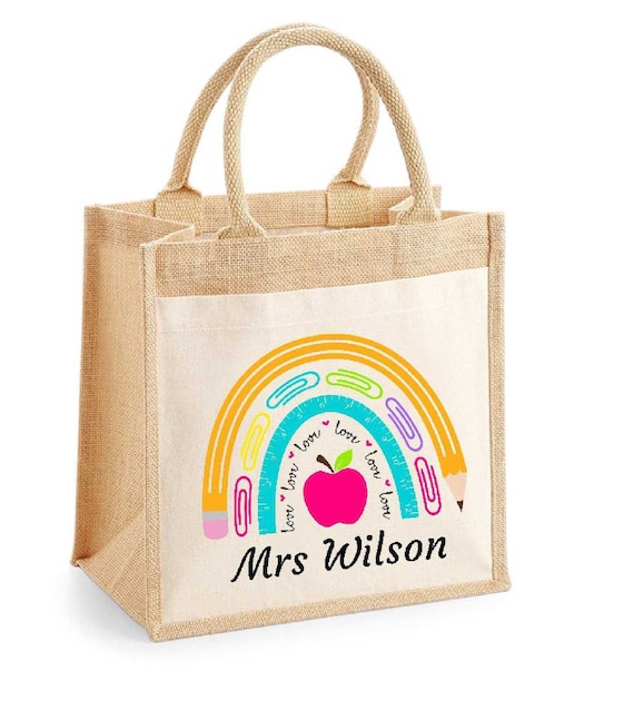 Personalised Jute Cotton Teacher Bag With Customisable Name Teacher Rainbow Pens Tote Bag teacher Gifts Leaving End of Term Gift Etsy Canada