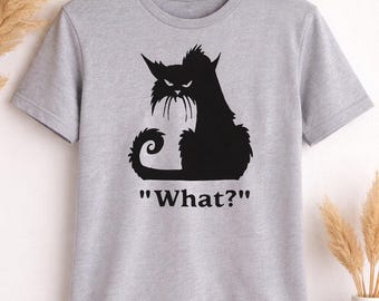 Funny Cat T Shirt | “What?” Cat Tee | Sarcastic Cat Shirt | Cute Black Cat Top | Gift for Cat Lover | Womens Graphic Tee UK