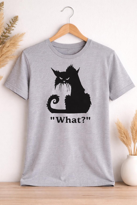 Funny Cat T Shirt | “What?” Cat Tee | Sarcastic Cat Shirt | Cute Black Cat Top | Gift for Cat Lover | Womens Graphic Tee UK