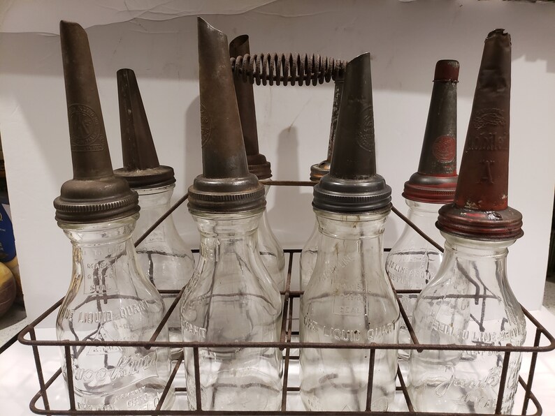 8 Antique Advertising Glass Motor Oil Bottles With Carrier Etsy