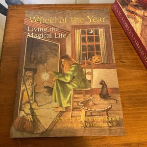 May include: A book titled Wheel of the Year Living the Magical Life, written by Pauline Campanelli and illustrated by Dan Campanelli. The cover features an illustration of a person in a green robe sitting by a fireplace with a black cat.
