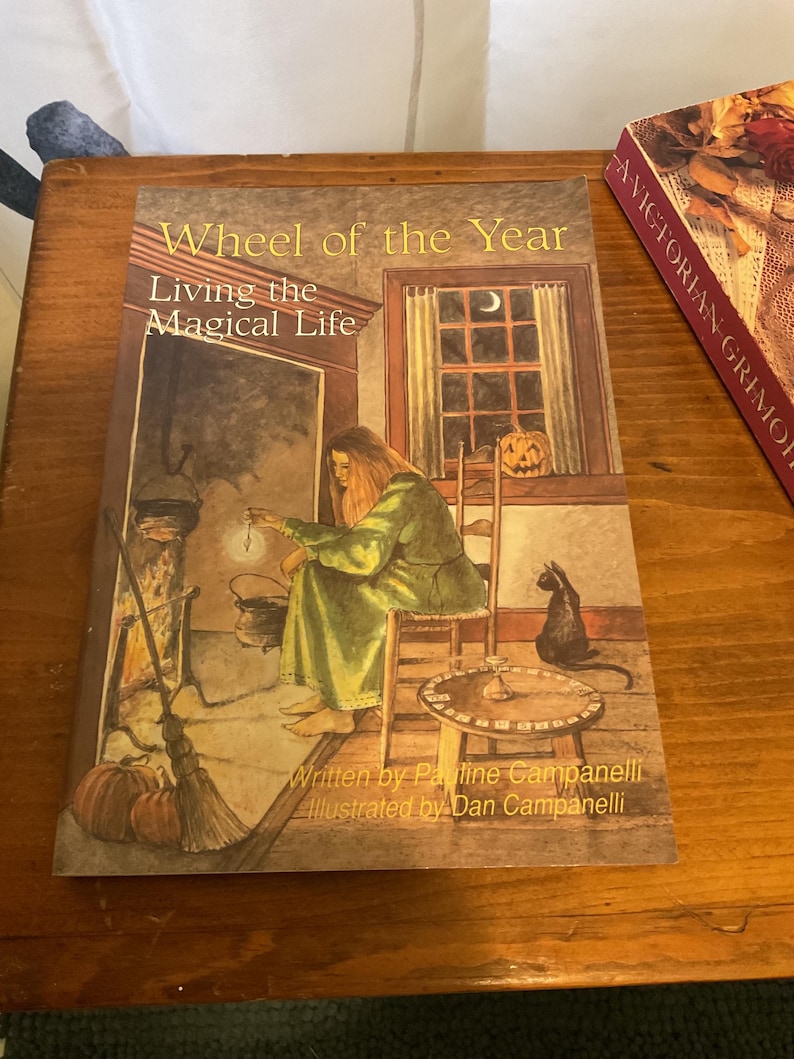 May include: A book titled Wheel of the Year Living the Magical Life, written by Pauline Campanelli and illustrated by Dan Campanelli. The cover features an illustration of a person in a green robe sitting by a fireplace with a black cat.