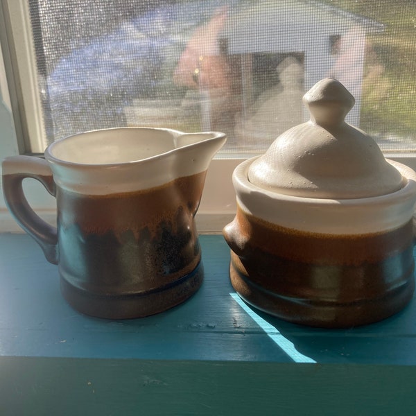 Brown Ombré MCM Ceramic Sugar Bowl & Creamer