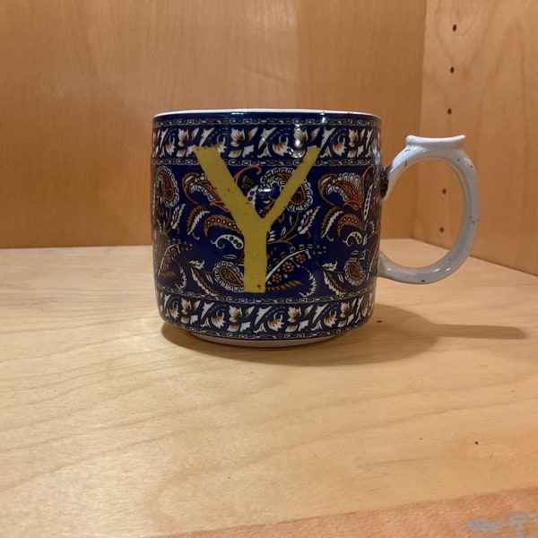 Anthropologie “Y” Initial Blue Paisley Mug