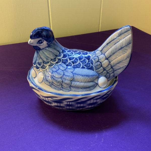 Blue & White Porcelain Hen on Nest Trinket Box