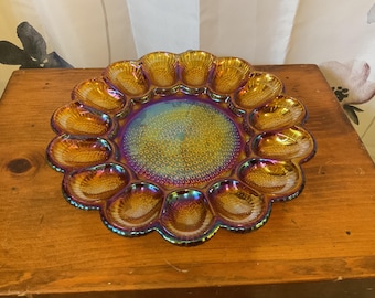 Indiana Glass Hobnail Deviled Egg Amber Carnival Platter