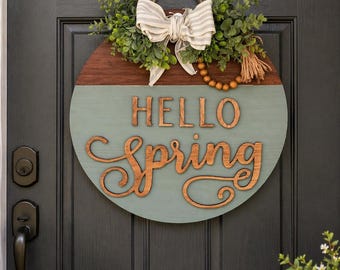 Accroche-porte en bois fait main « Hello Spring » de 18 po.
