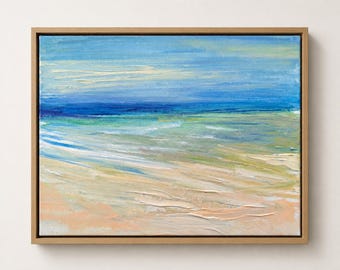 Original Abstract Seascape Painting, Low Tide Ocean Beach Wall Art, 8 x 10 Coastal Landscape, Modern Teal Sea Canvas Fine Art