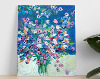 Pequeña pintura acrílica floral, regalo de arte floral abstracto decoración de la pared del hogar