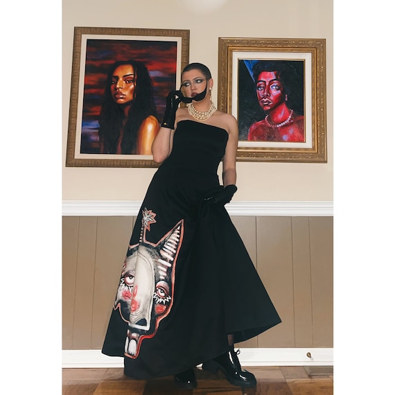 hand painted black dress Women Hand Painted High neck mini Dress -Black Queen S