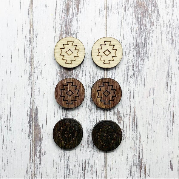 10 Pcs - Unfinished DIY Laser cut earring blanks -  Laser Cut Circle Natural Wood Shape With Engrave Detail - wood studs - Aztec studs