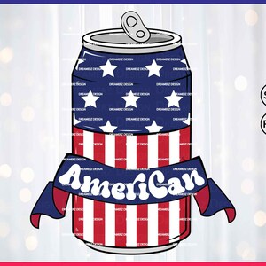Puede incluir: Diseño patriótico de una lata de refresco con la parte inferior a rayas rojas y blancas y la parte superior azul con estrellas blancas. La palabra "American" aparece en una pancarta.