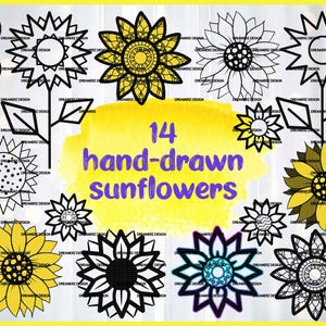 Lot svg tournesol pour chemises, lot svg fleurs dessinées à la main pour gobelets, clipart floral dessiné main png, svg à usage commercial gratuit pour l&#39;artisanat