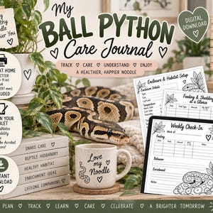 May include: A digital download My Ball Python Care Journal featuring tracking pages for habitat, feeding, shedding, health, and behavior. Includes printable US Letter and A4 sizes, tablet-compatible files, and a speckled mug with the text Love my Noodle.