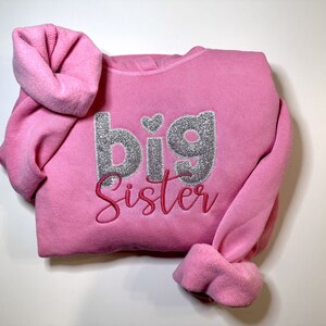 May include: Pink hooded sweatshirt with the words "big sister" embroidered in silver glitter and pink thread.