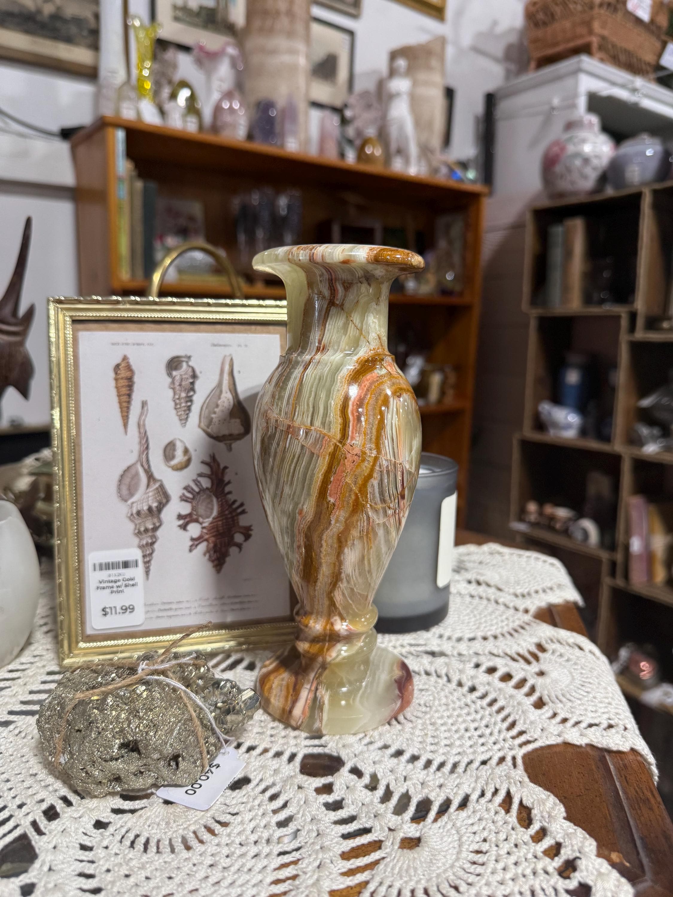 7インチ パキスタン産オニキス花瓶、天然グリーン縞模様のオニキス装飾