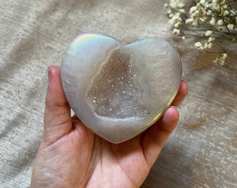 LARGE Angel Aura Druzy Agate Hearts, Natural Druzy Agate Carved Heart