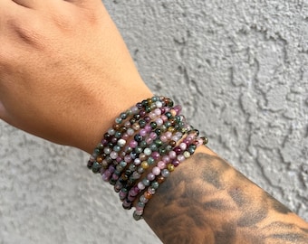 Natural 3-4mm Rainbow Tourmaline Bracelet, Dainty Beaded Stretch Crystal Bracelet