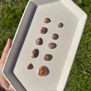 May include: A collection of small, teardrop-shaped opal gemstones in various shades of pink, brown, and white. The opals are displayed on a white ceramic tray.