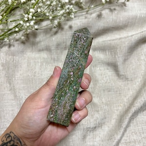 Ruby Fuchsite with Kyanite Tower, Ruby Fuchsite Towers, Ruby Fuchsite Points Obelisks