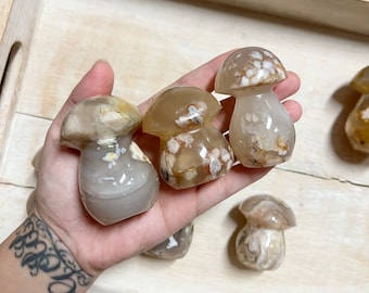 YOU CHOOSE Flower Agate Mushroom, Coral Flower Agate Carved Mushrooms, Flower Agate Carving