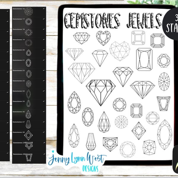 Procreate Stamp Gemstone Jewels Stamp Set pour Procreate Brushes iPad Diamonds Gems Stamp Emeralds Gemstones Jewelry Bundle 30 Stamps