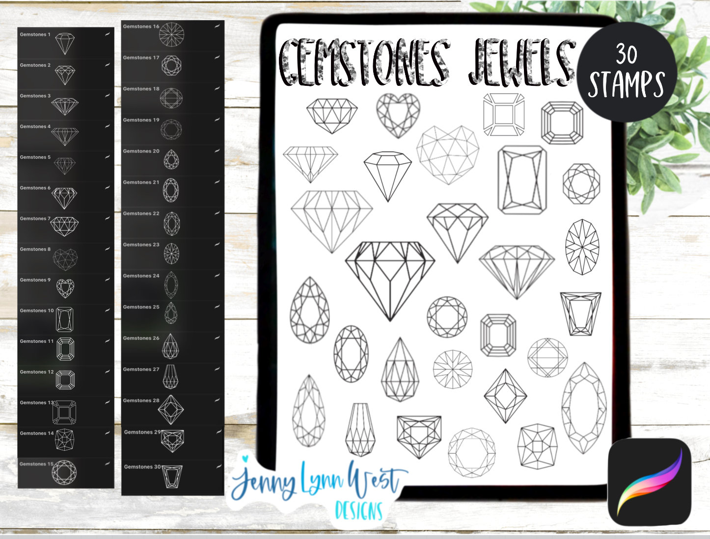 Set de pinceles sello de gemas para Procreate en iPad — 30 sellos de diamante, esmeralda y joyas
