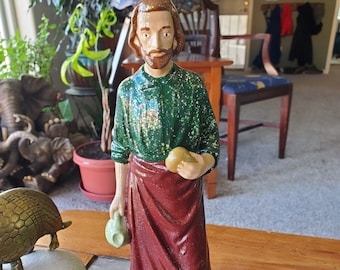 Hand Painted Vintage St. Joseph Statue - Saint Joseph the Worker - Glitter Kitsch - Catholic Christian