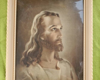 Art religieux vintage - Jésus-Christ - Warner Sallman - Lithographie - Cadre original en plastique celluloïd - Kriesel and Bates