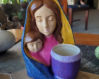 Hand Painted Vintage Madonna and Child Statue - Candle Holder or Bud Vase - Blessed Virgin Mary - Baby Jesus - Catholic Christian