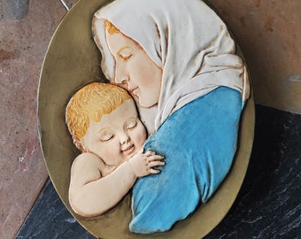 Plaque d'art vintage - Notre-Dame et son enfant - Bienheureuse Vierge Marie - Enfant Jésus - Cadeau catholique