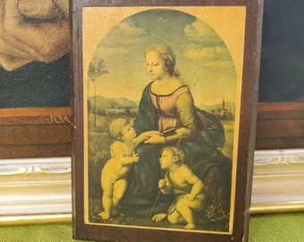 Art religieux vintage - Plaque illustrée - Notre-Dame et son enfant avec saint Jean-Baptiste - Bienheureuse Vierge Marie - Enfant Jésus - Cadeau catholique